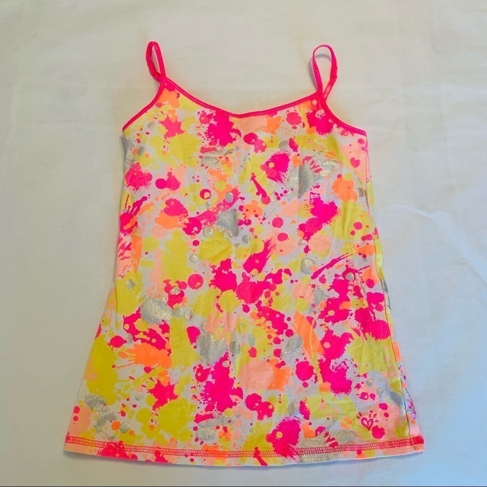 Justice girls 12 built in bra stretch paint splat neon tank top